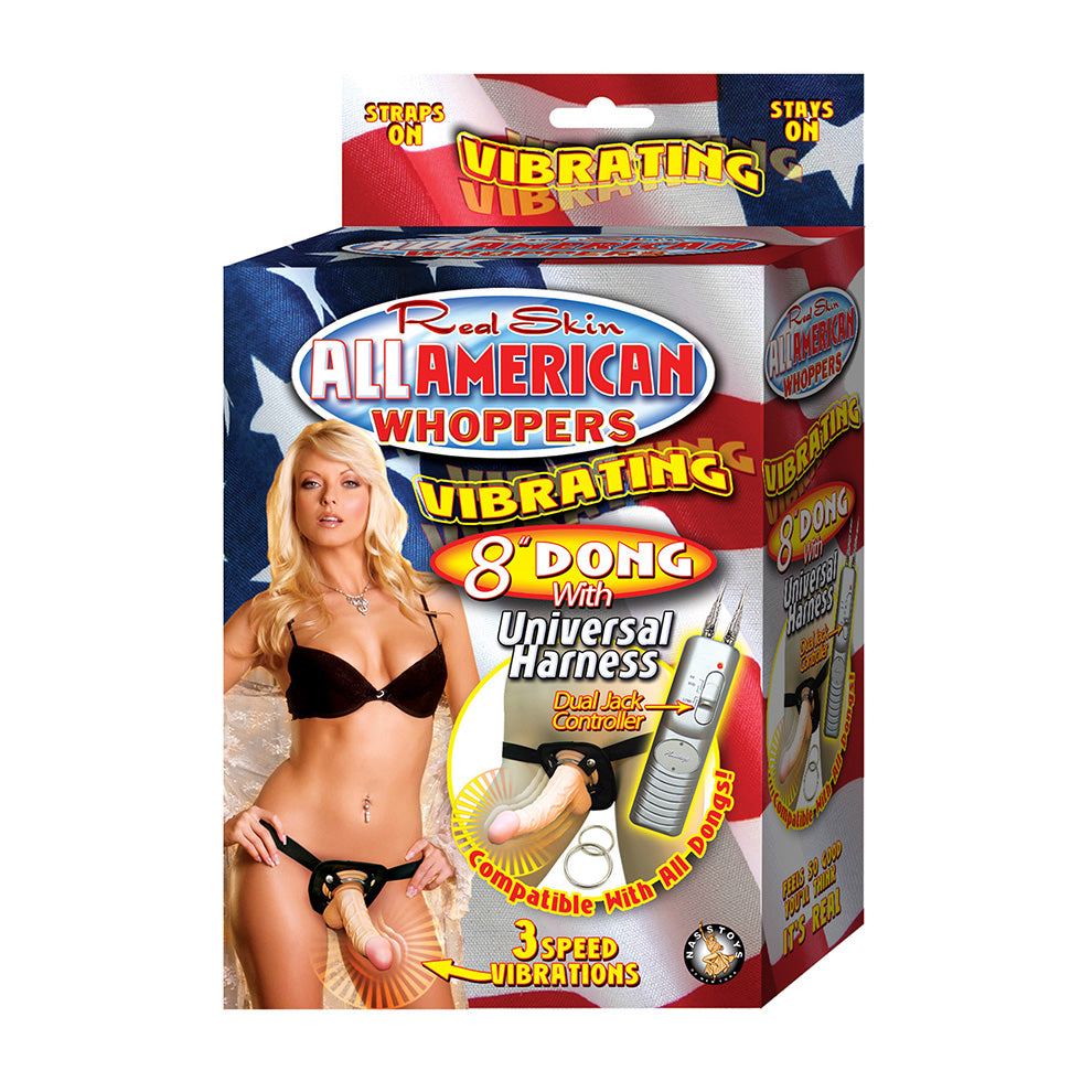 All American Whoppers Vibrating 8" Dong W/Universal Harness - Flesh