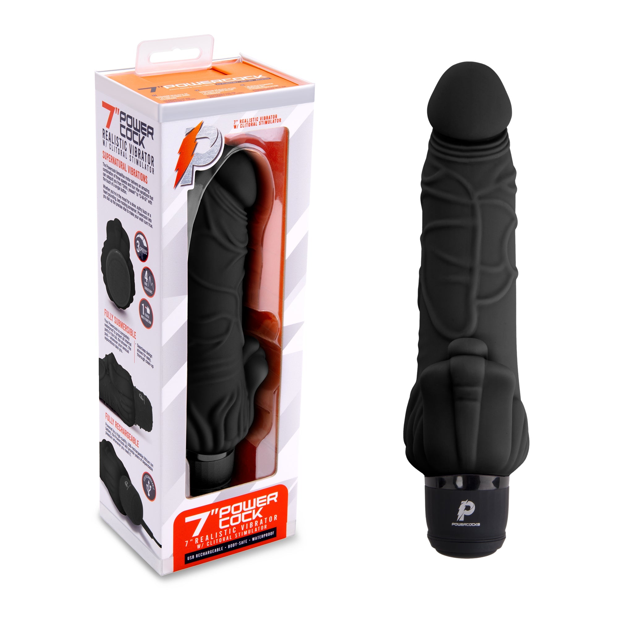 7" Realistic Vibrator with Clitoral Stimulator Black