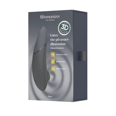 Product packaging for a 'Womanizer' clinical stimulator with branding and feature text on a gray background.